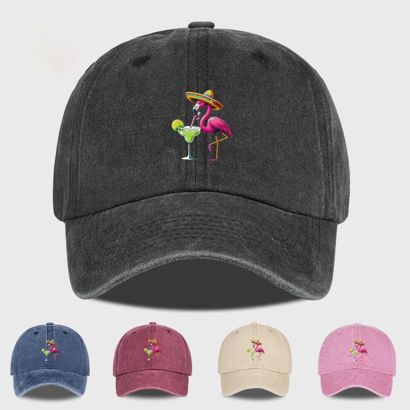 Flamingo Straw Hat Cocktail Print Washed Baseball Cap Playful Tropical Retro Style Beach Getaway, Daily Commute, Holiday Gift
