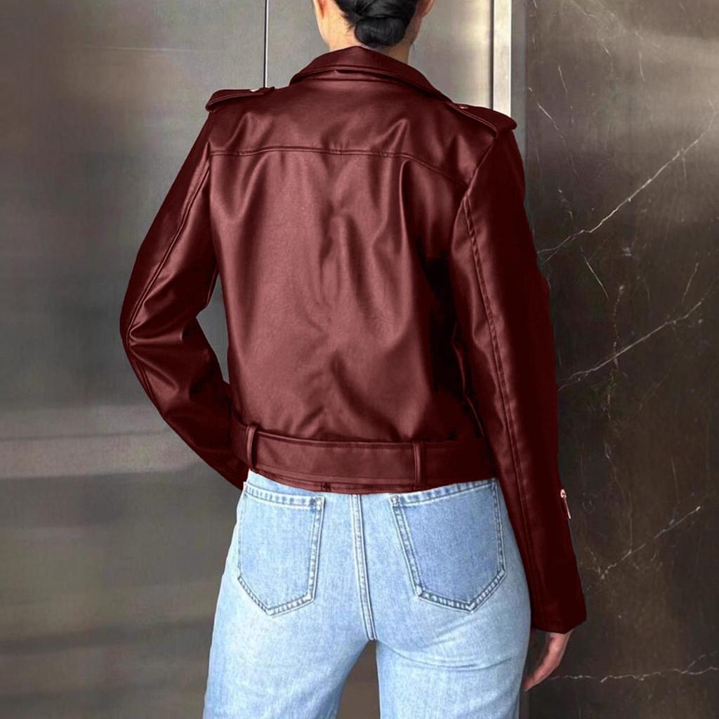 Women's Autumn 2026 Slimming Slanted Zip Short Leather Motorcycle Jacket