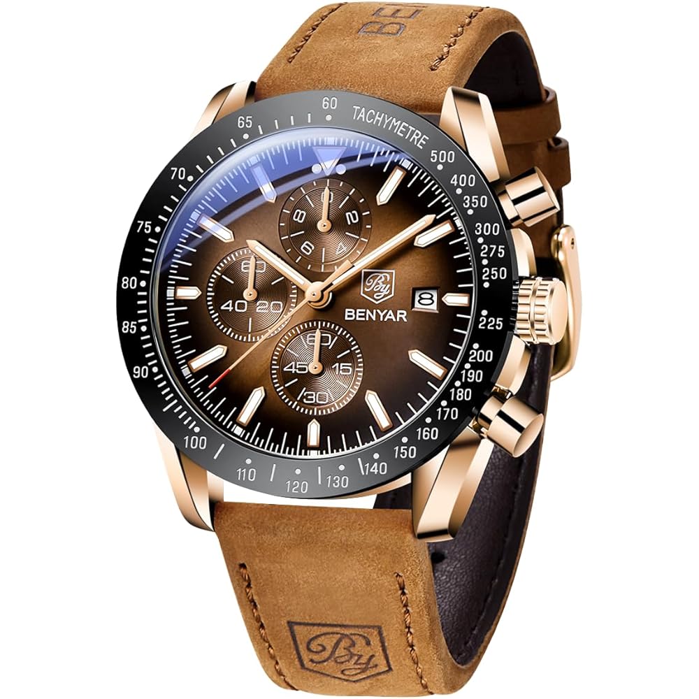 Benyar Men s Chronograph Analog Watch 30M Water Resistant Leather Strap Quartz Formal Style