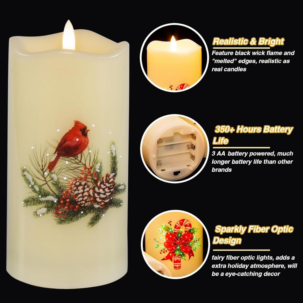 Eywamage Fiber Optic Flameless Candles with Remote, Cardinal Gingerbread Candy Canes Candles Flickering LED Pillar Candles Set of 3