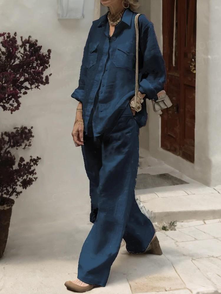 Fashion Solid Cotton Linen Shirt Set for Women Long Sleeve Blouse Top Pockets Pants Suit Female Casual Outfits