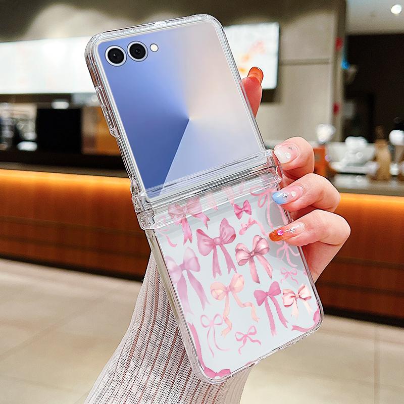 Pink Black Bowknot Pattern Phone Case For Samsung Galaxy Z Flip 7 FE 6 5 4 3 5G Folding Hard PC Clear Cover For Samsung Z Flip7