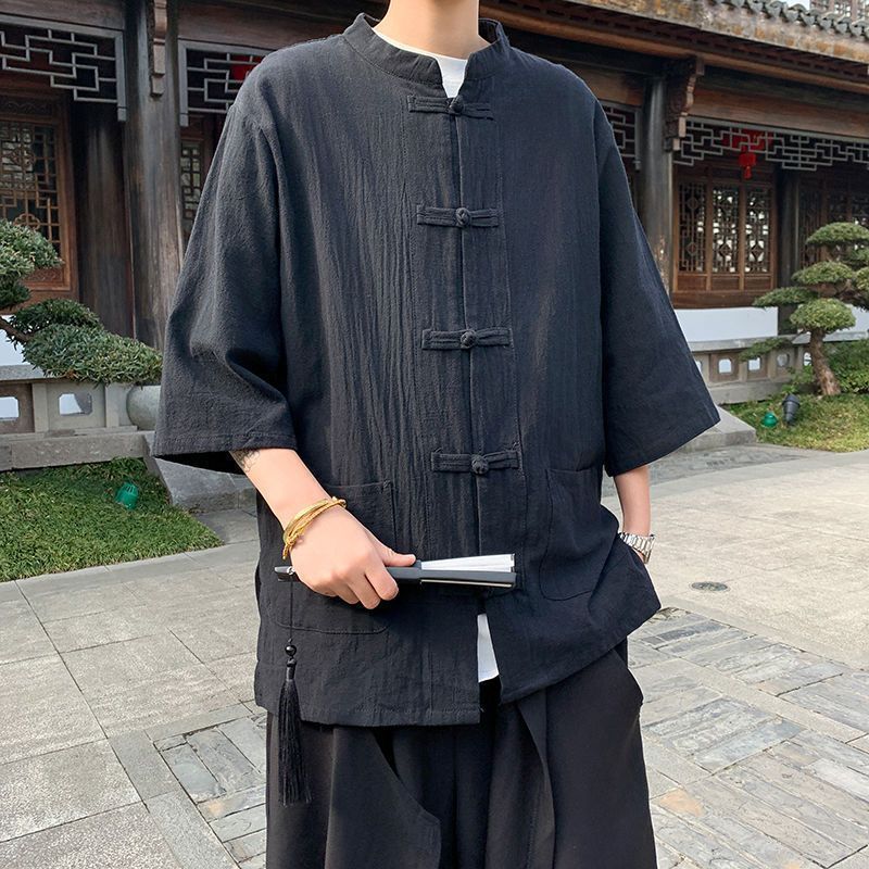 Tang Suit Chinese Style Shirts for Man Fashion Summer Short Sleeve Imitation Linen Shirts Men Stand Collar Bamboo Embossing Tops