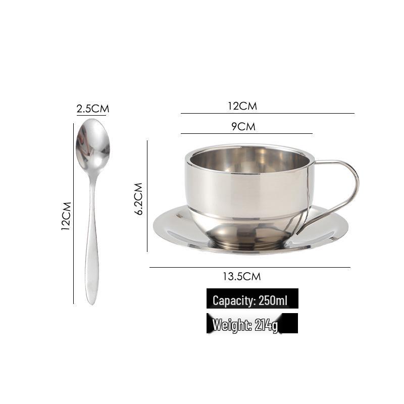 304 Stainless Steel Coffee Set: Double-Wall Insulated European-Style Cup, Saucer, Spoon, Anti-Scald, Custom Logo Option