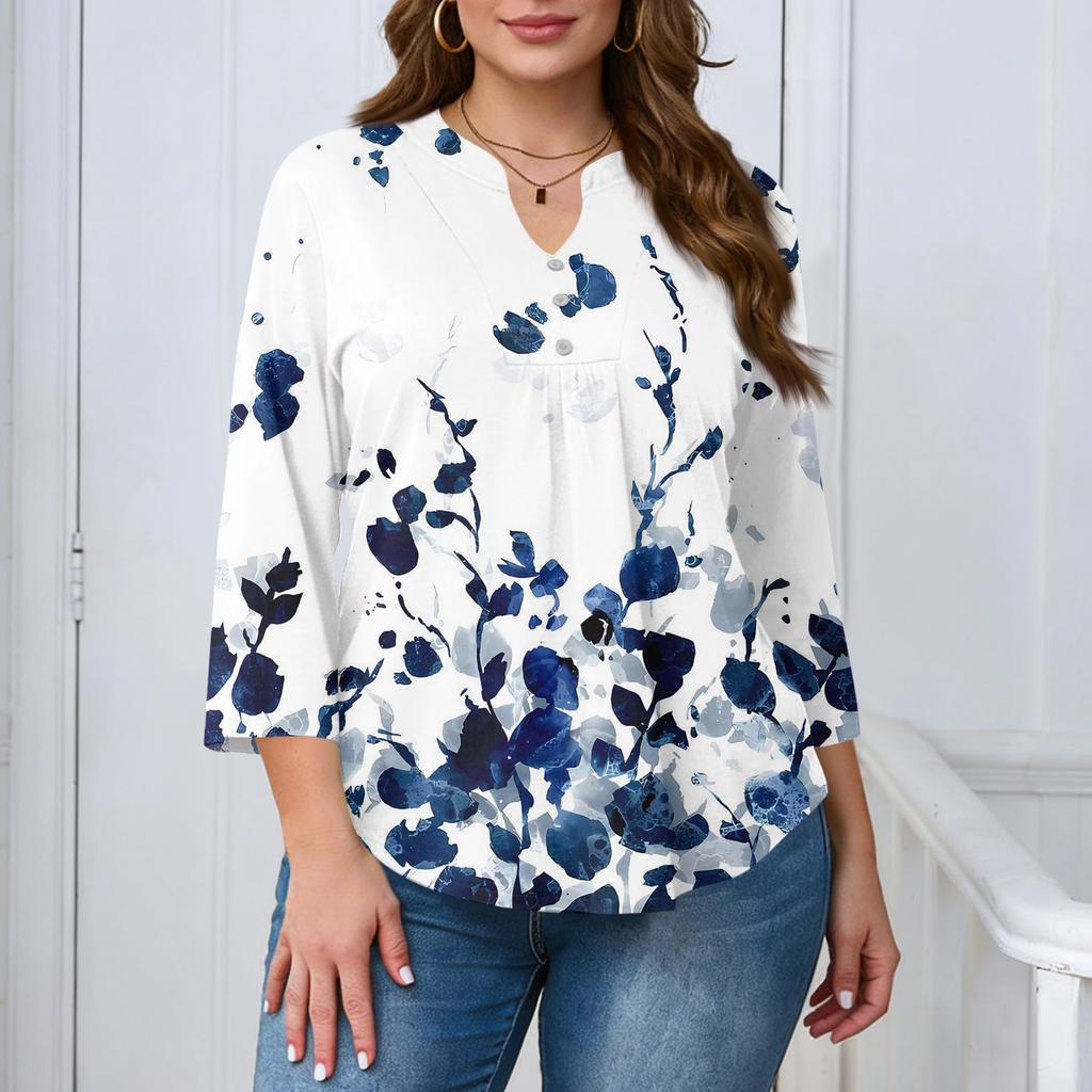Women's Plus Size Fashionable Casual Loose Fit Three Quarter Sleeve Elegant Button Up V Neck Top