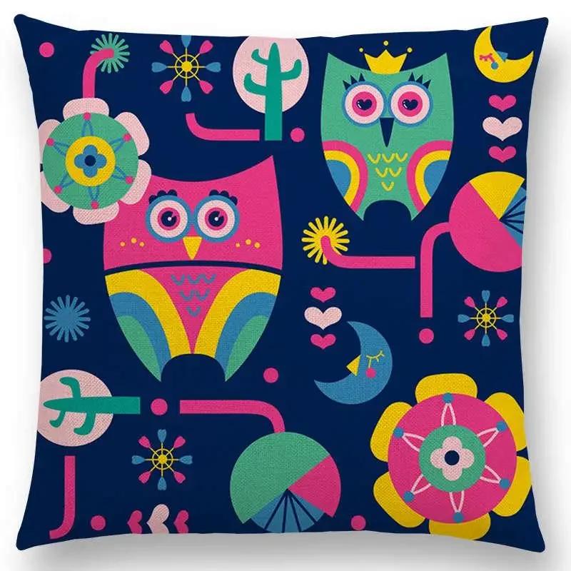 Cartoon Sofa Überwurf Kissenbezug Bunte Tiere Vogel Katze Reh Pfau Eule Blumen Lied Kissenbezug