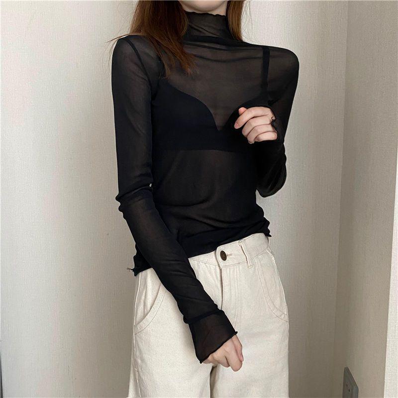 Plus-size Women’s High-neck Sun-protective Mesh Undershirt Sexy Sheer Long-sleeved T-shirt for Spring and Autumn