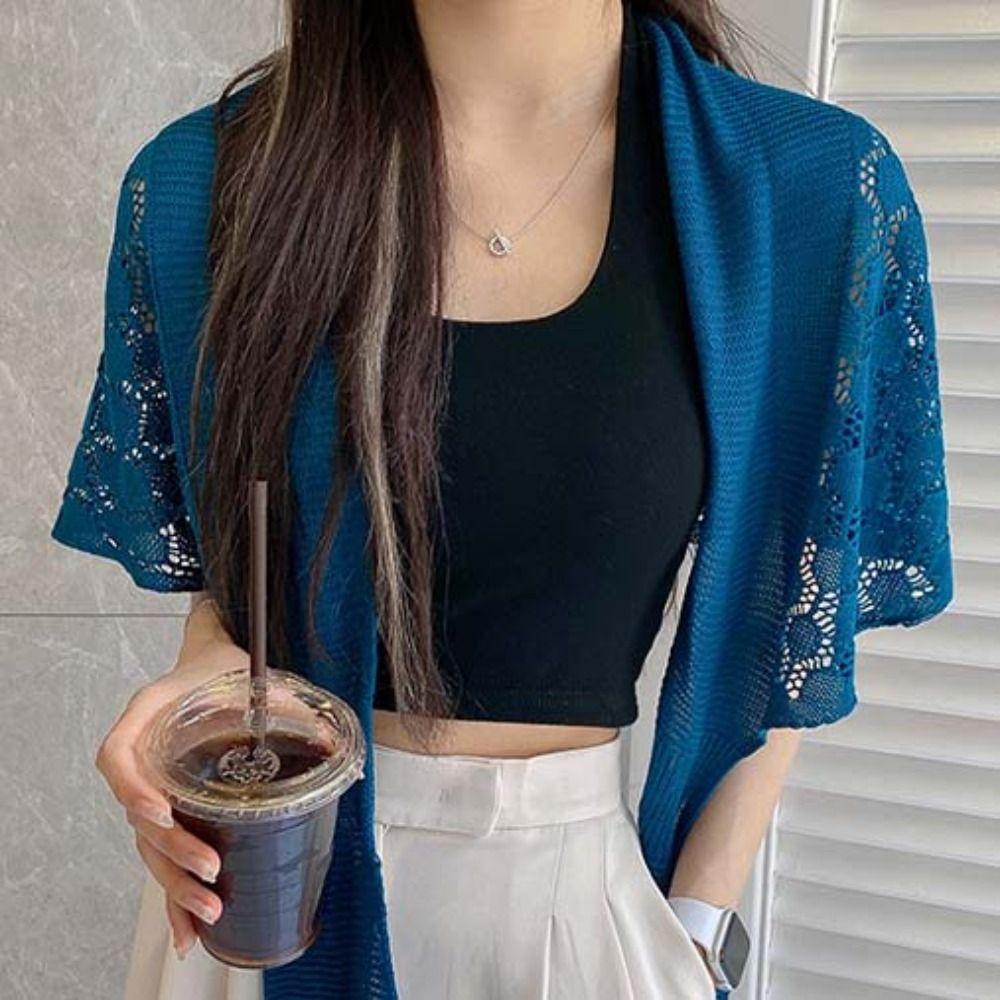 Solid Color Knitted Hollow Shawl Weave Blouse Shoulder Fake Collar Casual Knot Scarves  Outdoor