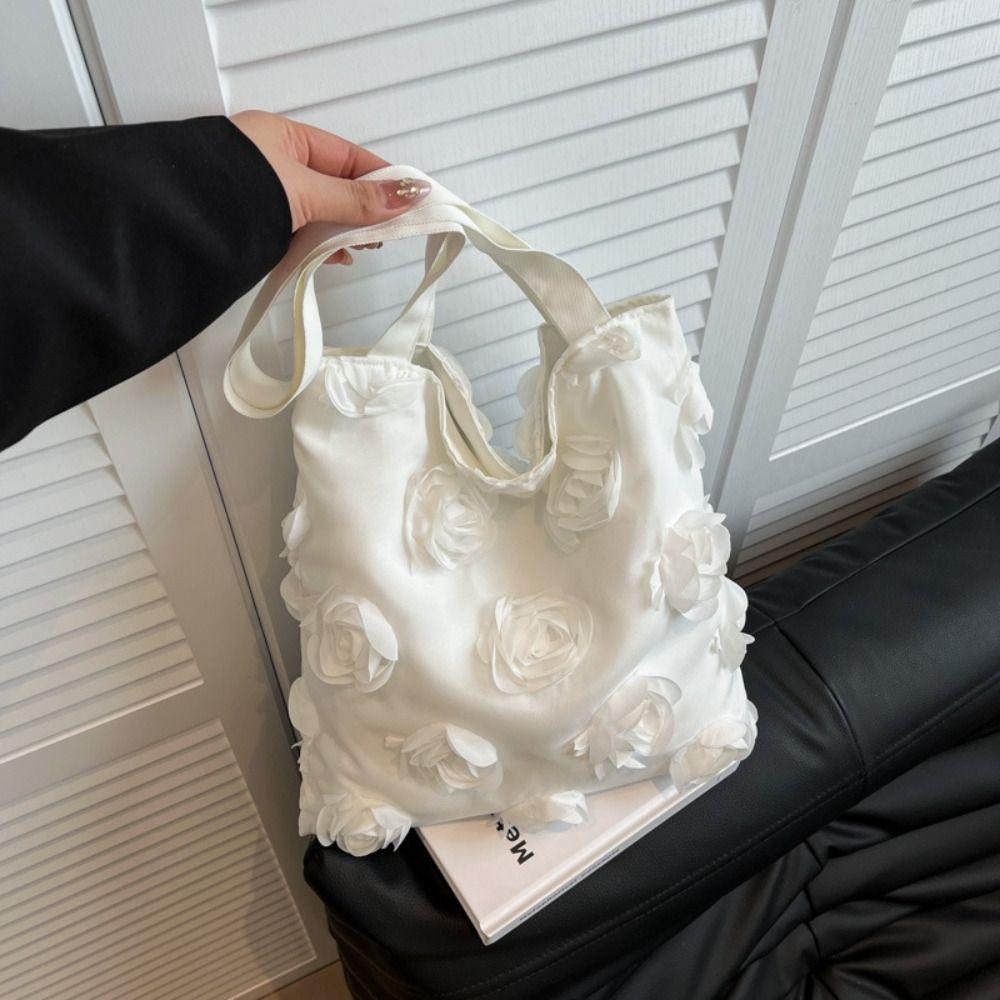 White Flower Shoulder Bag Lightweight Canvas Bag Fashion Nylon Cloth Handbag Beach