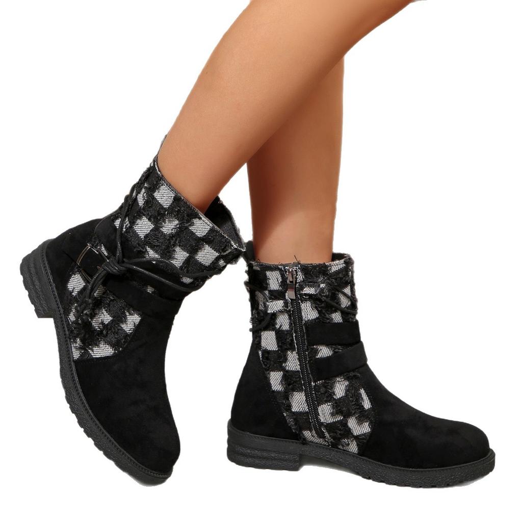 2025 New Leopard Print Boots Women's Winter Plus Size Belt Buckle British Style Round Toe Suede Stitched Martin Boots
