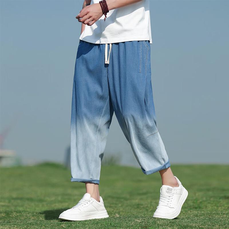 ROMON Men's Chinese Style Relaxed Crop Denim Jeans