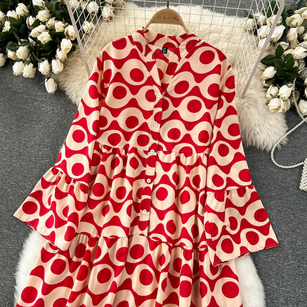 Květinový potisk Volné šaty s rozšířenými rukávy pro jaro/léto pro ženy Nové Prázdninové Volnočasové Temperamentní Dlouhé A-linie šaty