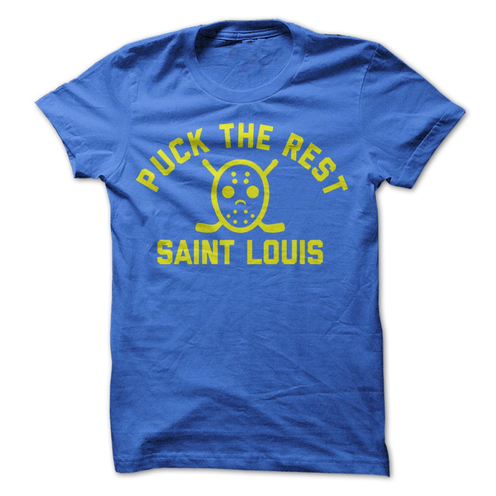 Puck the Rest - Saint Louis T-Shirt Design - Blue T-shirt with Yellow Print XL