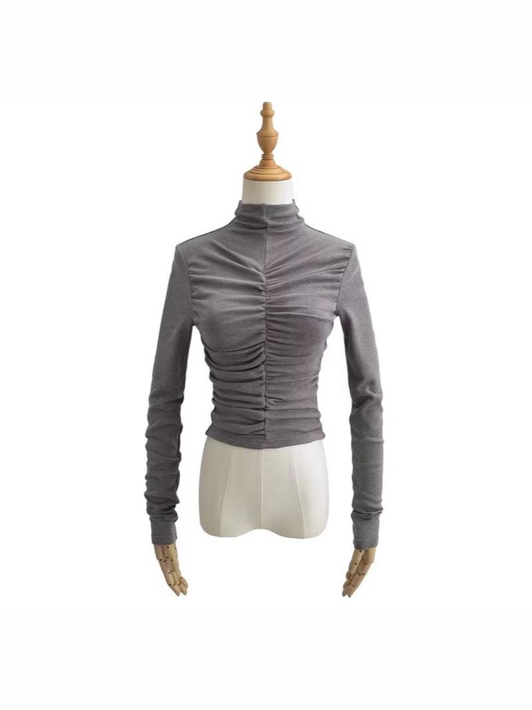 High Neck Pleated Design Waist-Cinching Long Sleeve T-Shirt for Women - Autumn/Winter