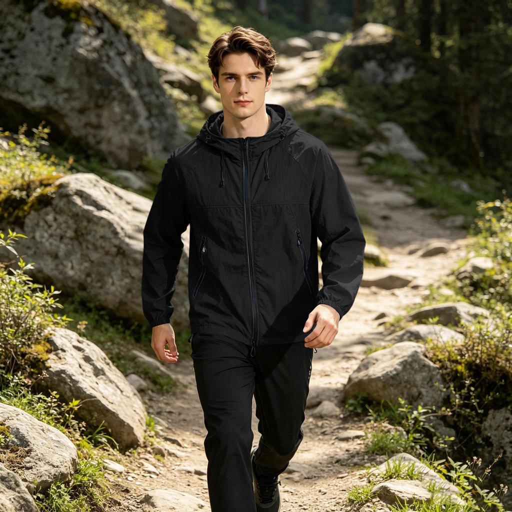 Men's Lightweight Hooded Sun Protection Jacket UV Resistant Outdoor Windbreaker with Zipper Pockets and Adjustable Drawstrings for Travel