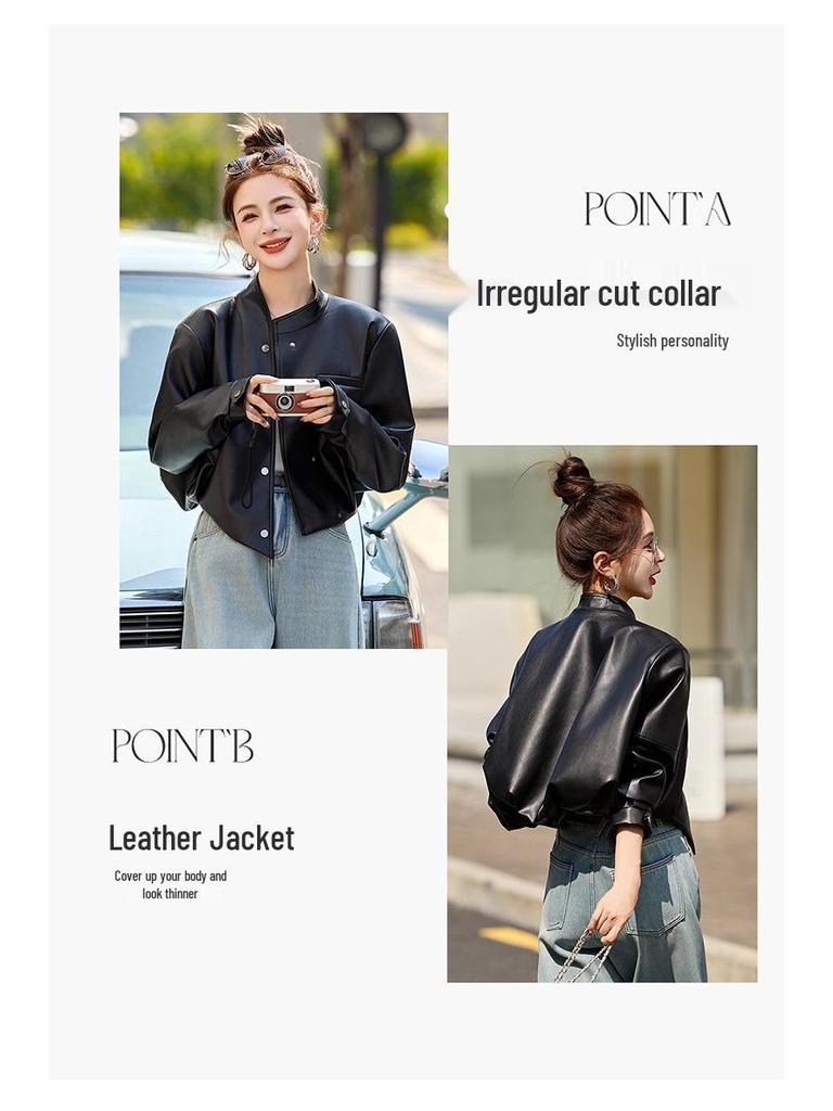 2025 Spring Women's High-End Petite Round Neck Loose Short Leather Jacket WA2513