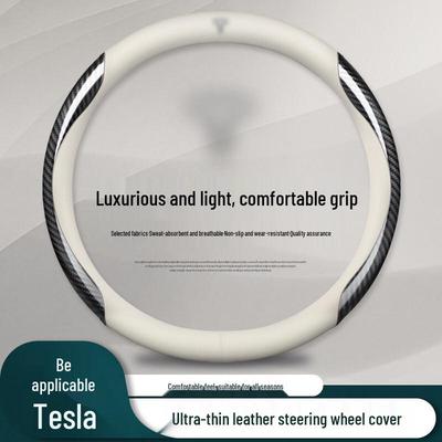 Genuine Leather Steering Wheel Cover for Tesla Model 3, Model Y, Model X - Universal Fit for All Seasons