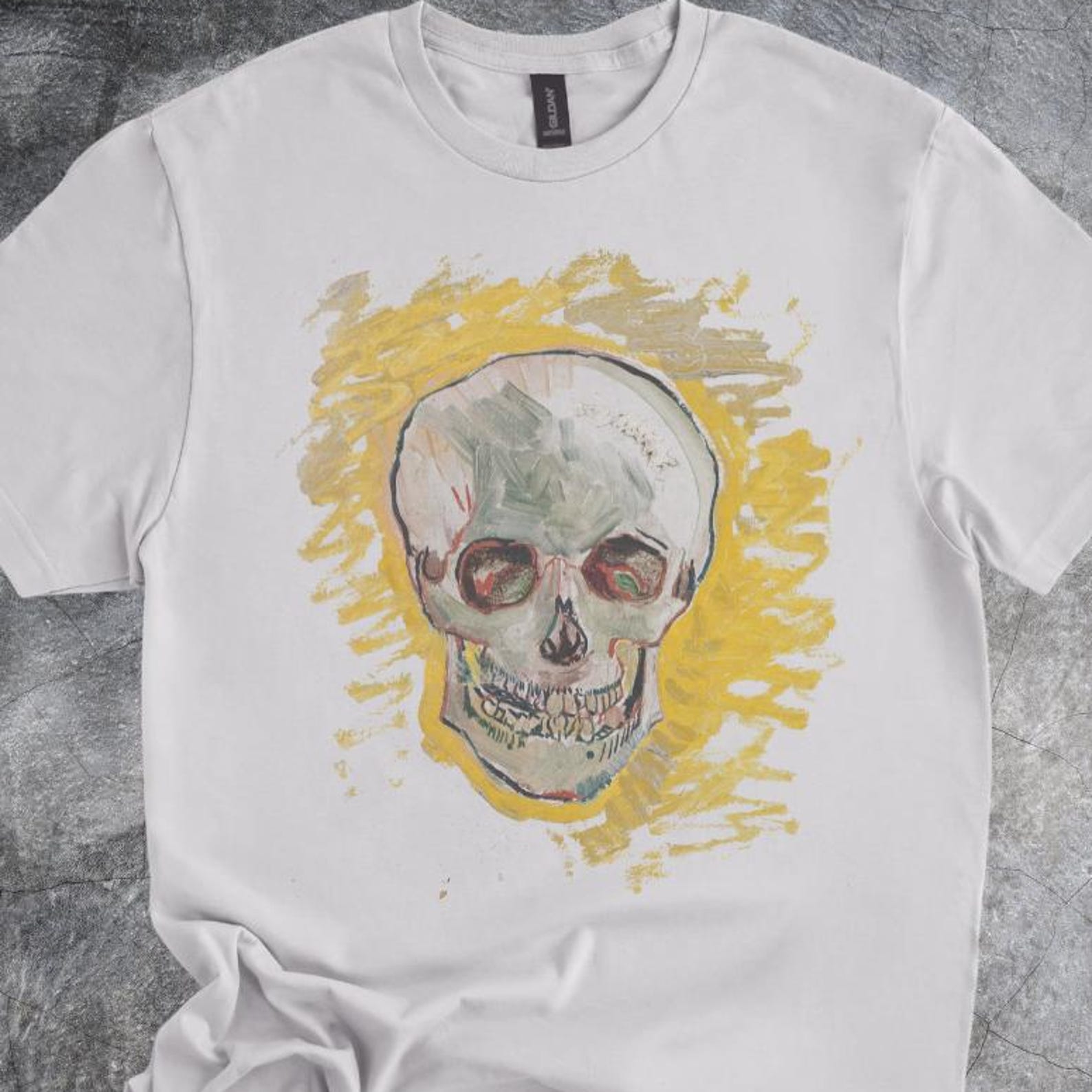 Skull Shirt Painted Artwork Illustration Graphic Tshirt Cotton Crewneck Tee Gray 100