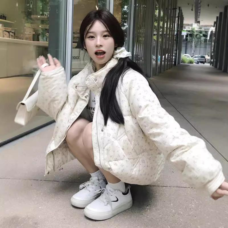 Fresh small floral short down cotton clothes for women's winter new college style thickened warm cotton-padded jacket