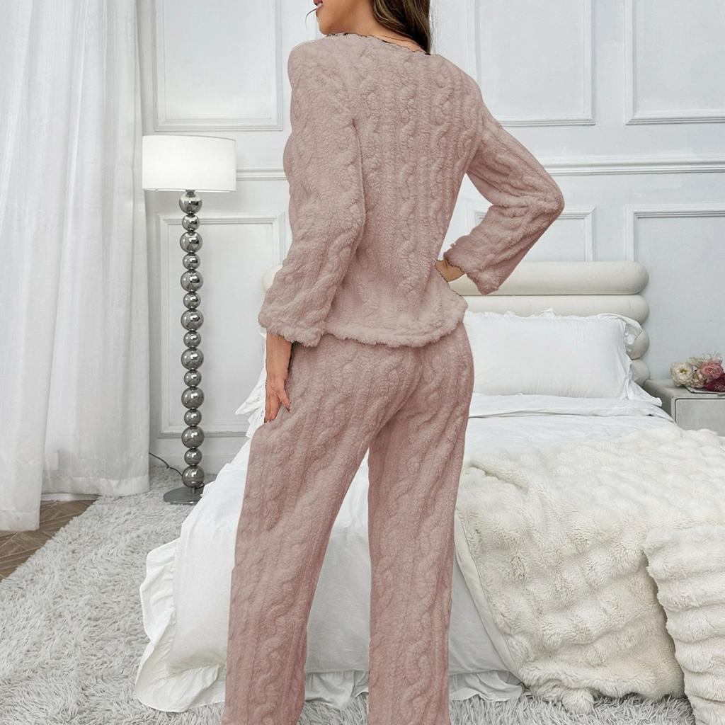 Lässiger einfarbiger Flanell-Hausanzug gestreift für Damen, langärmlig, Hose, kann draußen getragen werden, verdickt