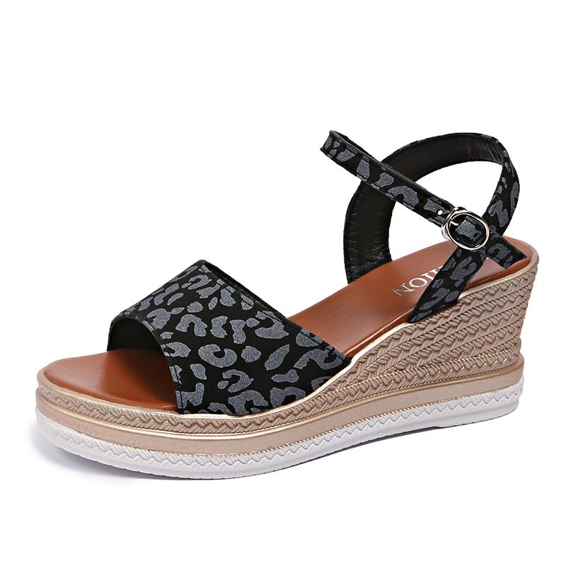 Mode 2025 Sommer Leopardenmuster Keilsandalen Damen Übergröße Knöchelschnalle Plateau Sandalen Frau Leichtgewichtige Klobige Ferse Sandalias
