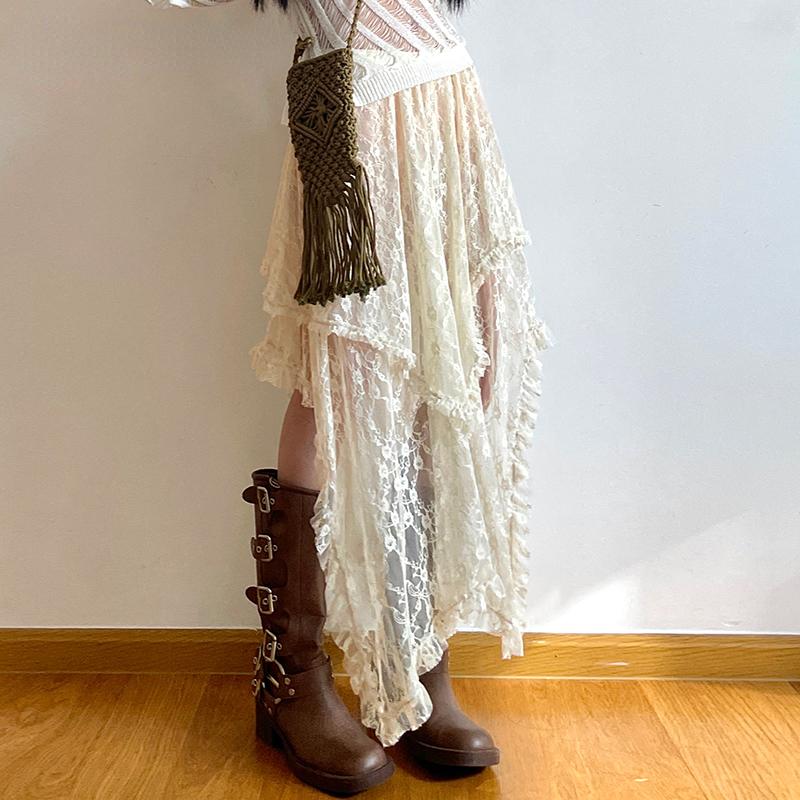 2026 Spring Lace Asymmetrical Skirt Fairycore Holiday Women Y2K Clothes High Waist Fashion Cute Mid Skirts Retro Aesthetic Lady