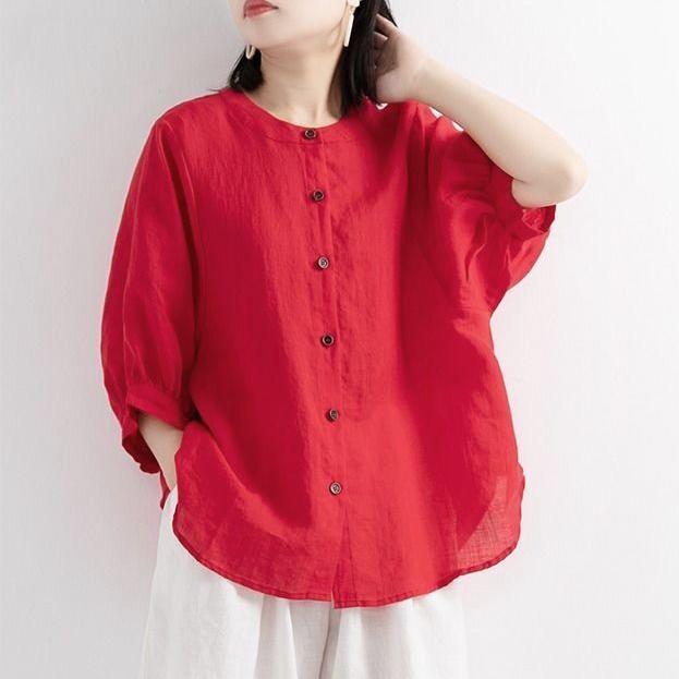 Summer Cotton and Linen Shirt Women's Lantern Sleeves Retro Artistic Top Loose Middle Sleeves Plus Size Shirt Women