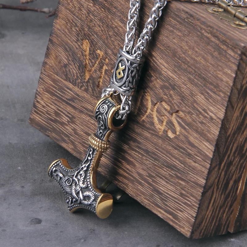 Fashion Valknut Viking Thor's Hammer Pendant Necklace With keel Chain As Men Gift with wooden box