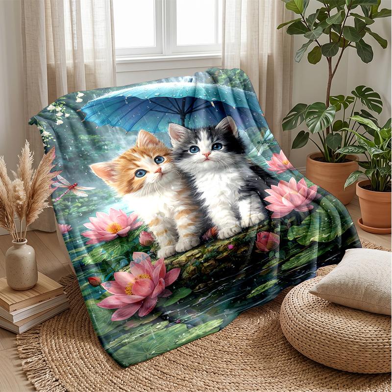 Kittens Playing with Butterflies in Forest Theme blanket Lightweight Warm Flannel Blanket Decorative Throw Blanket for Home Decoration