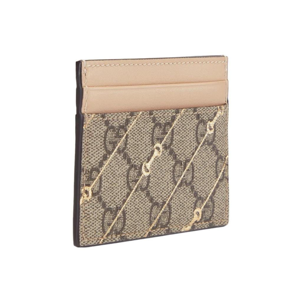 Gucci Horsebit Horsebit Buckle Print Four Card Slots Canvas and Leather Card Bag Women's Beige and Ebony