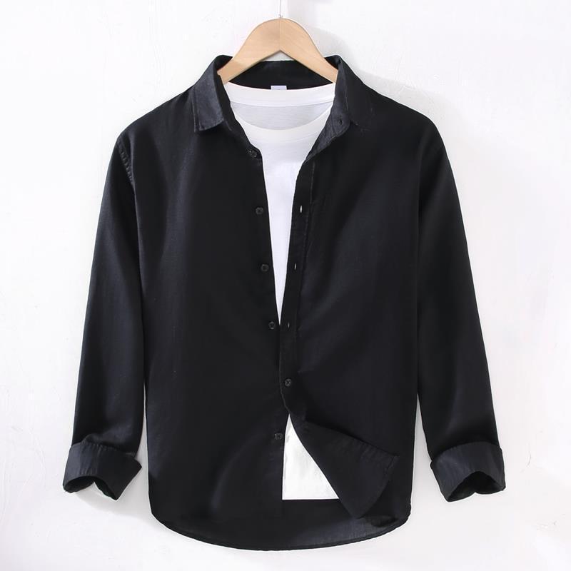 Męska codzienna koszula z długim rękawem z lnu i bawełny w stylu japońskim na wiosnę/lato