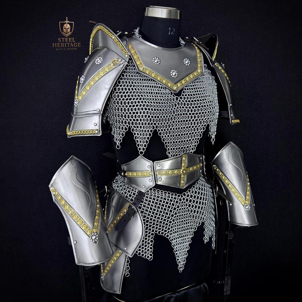 Medieval Fantasy Knight Costume with Silver Chainmail for LARP Cosplay Renaissance Faire