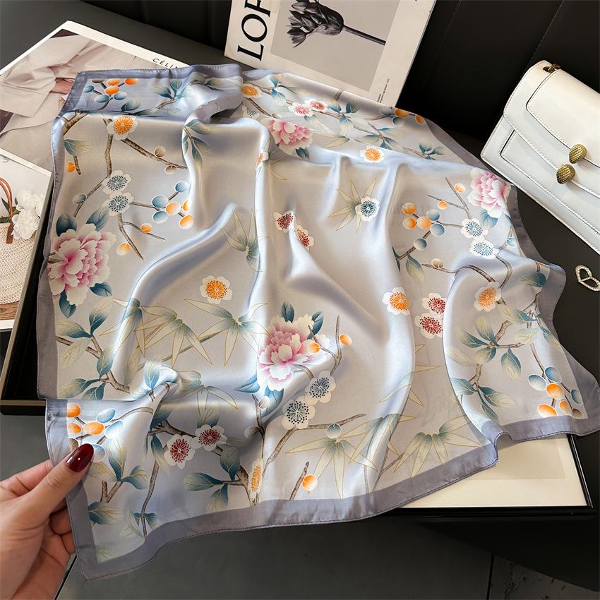 Elegant Ginkgo Leaf Print Silk Square Scarf – Versatile Headscarf for Spring and Summer