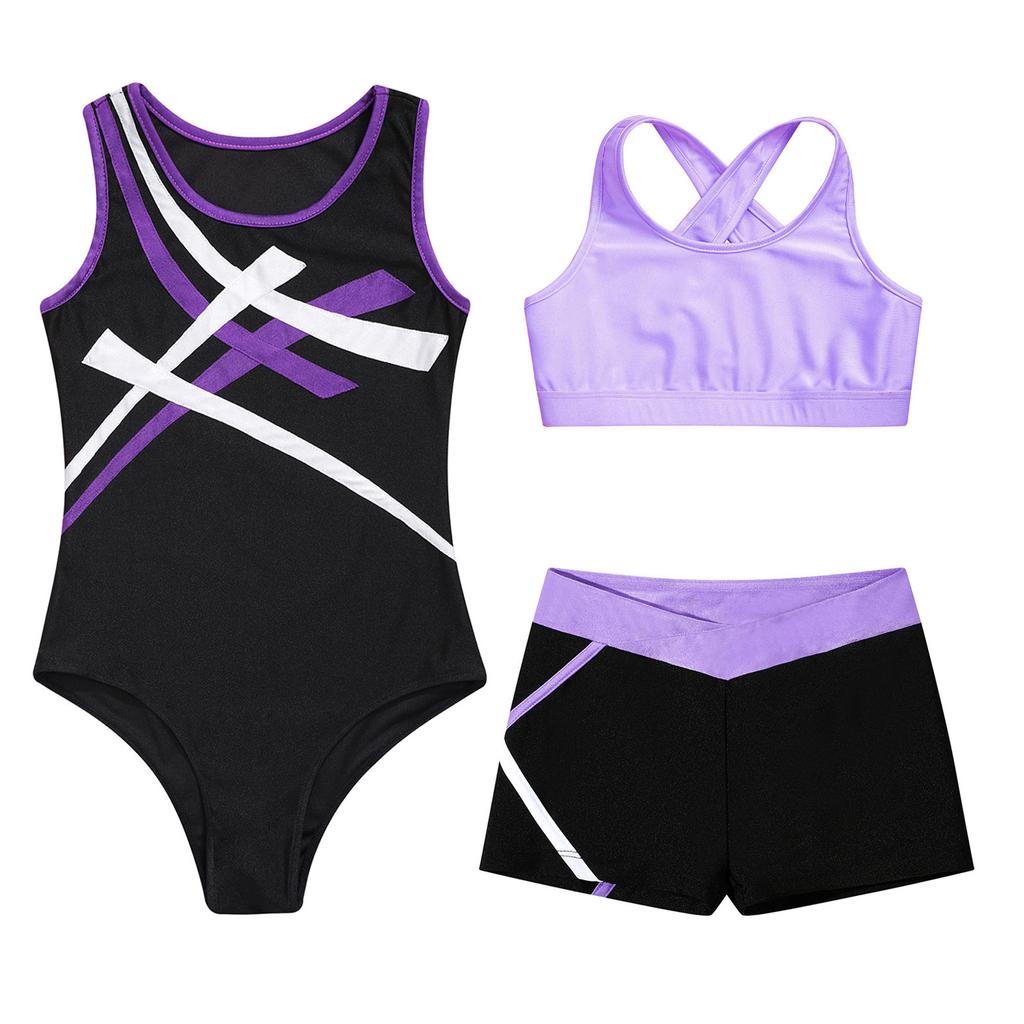 Kinder Mädchen Ärmellose Gymnastik-Turnanzüge Jumpsuit + Shorts Strass Glänzend Metallic Ballett Tanzoutfits Kinder Tanzbekleidung