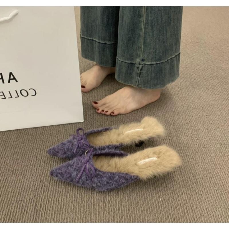 Fur Bow Pointed Toe Women Cotton Slippers Suede Mules Heels Shoes Woman 2025 Winter Boots Elegant Dress Flip Flops Mujer Zapatos