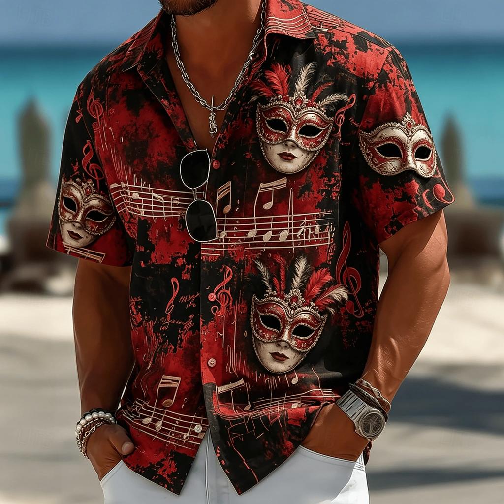 Music Note Print Short-Sleeve Shirt, Stylish Metallic Casual Men's Shirt