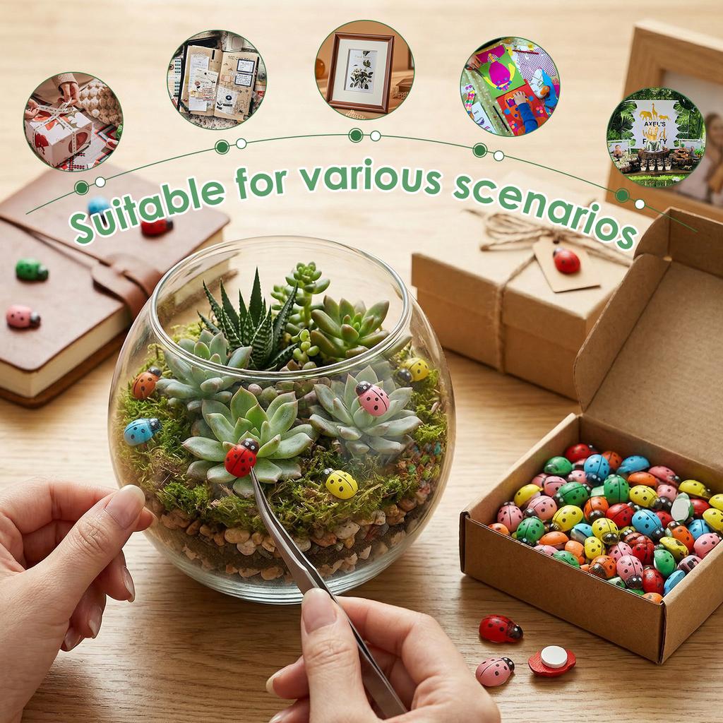 100 Pièces Autocollants Mini Abeilles Coccinelles en Bois Auto-adhésifs Colorés Coccinelle Peinte Bricolage Scrapbooking Décoration Fête de Jardin Maison