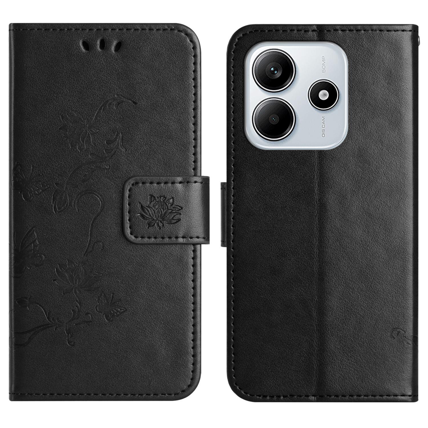 

For Xiaomi Redmi Note 14 4G (164.84x78.15x8.16mm) Case Wallet Stand Imprinted Butterfly Flower PU Leather Phone Cover Black