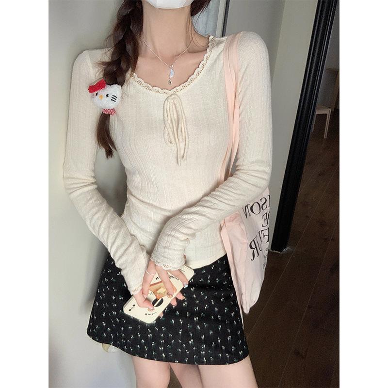Frühling Herbst Spitze Patchwork Bandage Pullover Damen Langarm Süßes T-Shirt Damen Einfarbig Unten Gestricktes Oberteil