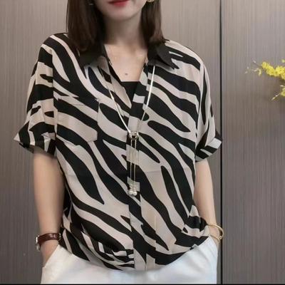 Women Black White Zebra Print Lapel Short Sleeve Loose Chiffon Shirt