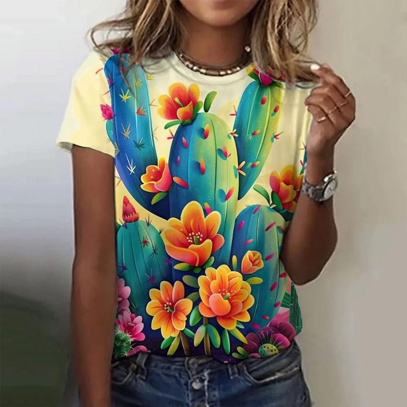 Tricou de vară cu imprimeu 3D de desene animate, ediție largă, la modă, cu model cactus, top, tricou cu gât rotund, mânecă scurtă, top pentru femei