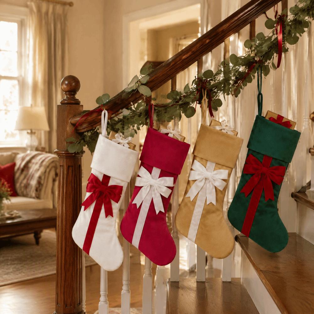 Retro Christmas Gift Bag Lagre Size Xmas Tree Hanging Socks Bow Christmas Stocking Mall