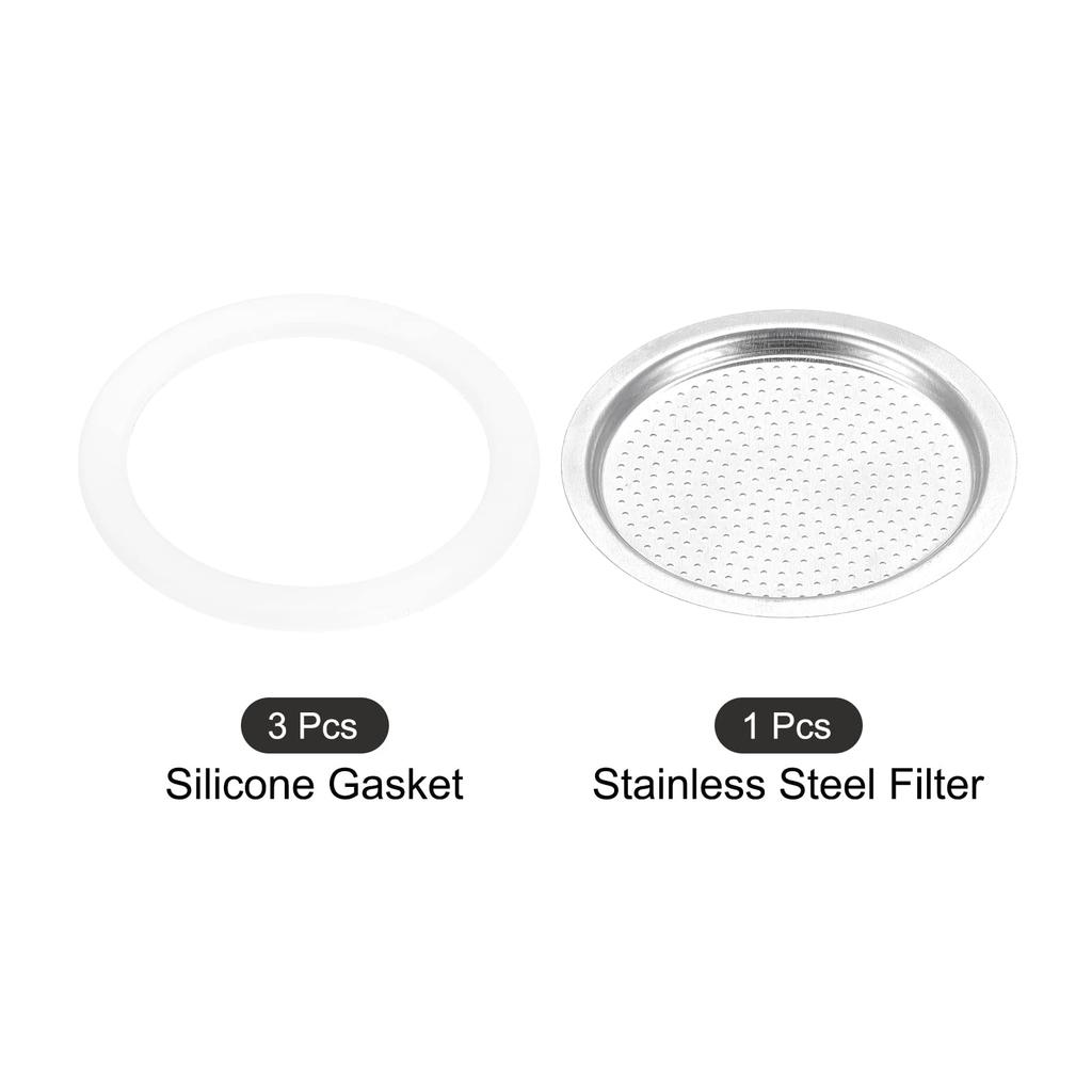Uxcell Silicone Gasket for 3-Cup Moka Coffee Pot, 50x64mm (1 Piece) and Stainless Steel Filter Screens, 59x60mm (3 Pieces)