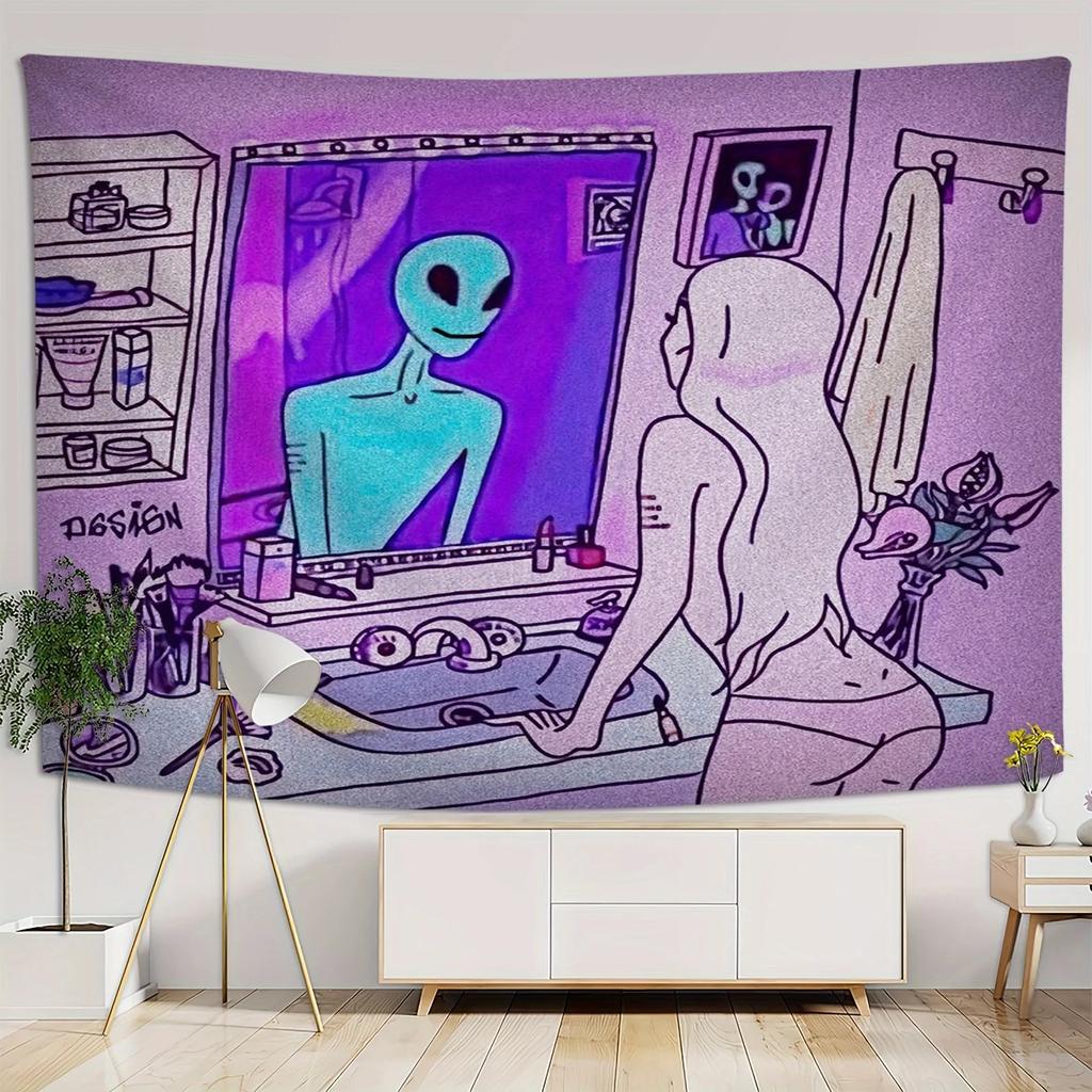 Trendy Alien Girl Halloween Tapestry Wall Hanging Decorative Home Decor for Living Room Bedroom Party Room Accent
