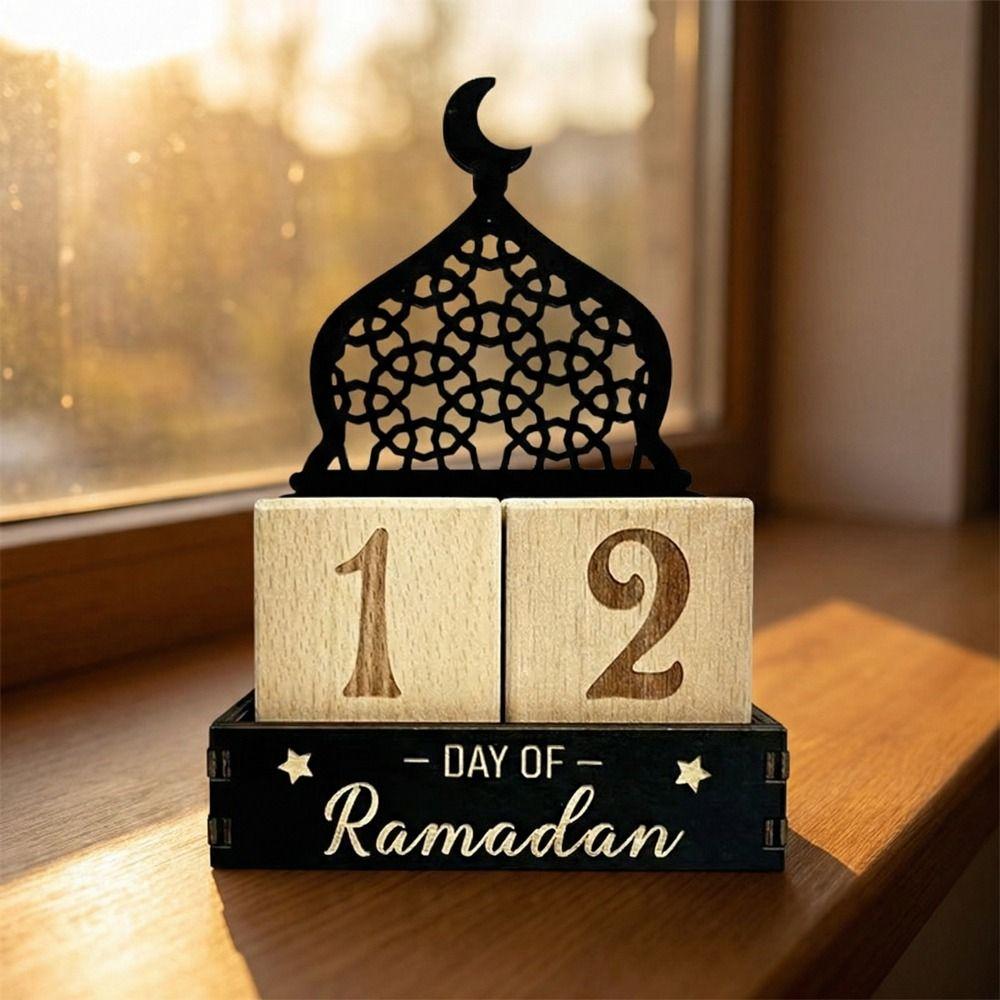 Wooden Eid Mubarak Calendar Blocks Adjustable Dates Moon Castle Ramadan Countdown Calendar Decorative Eid Al-Fitr Calendar
