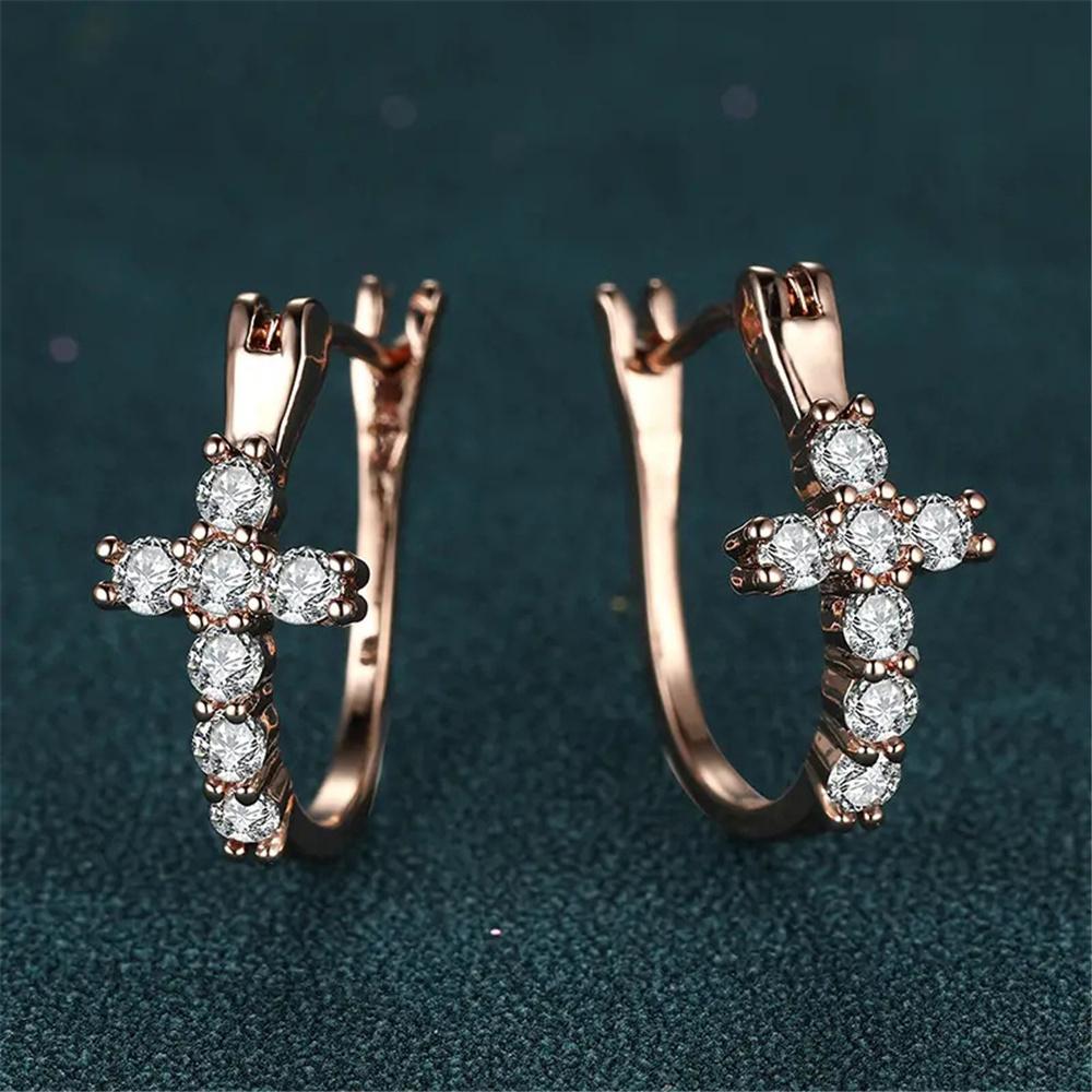 Charm Female White Zircon Stone Cross Hoop Earrings Gold Color Simple Wedding Jewelry For Women