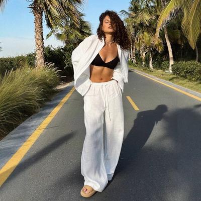 Women's Casual Cotton Linen Solid Colour Shirt Drawstring Wide Leg Pants Two Piece Set