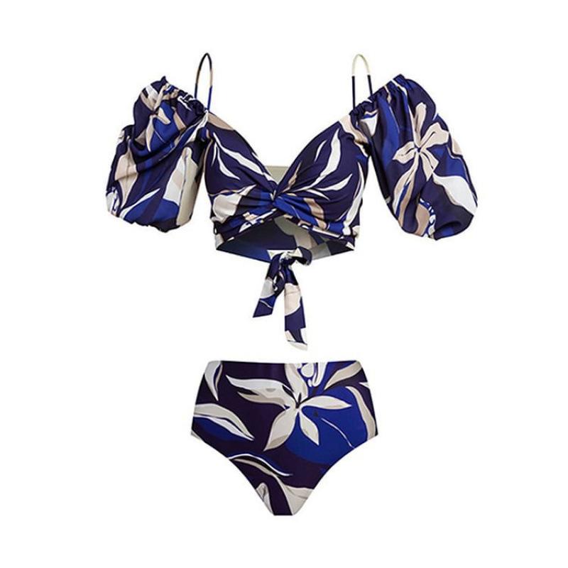 Bikini Off-Shoulder Short Sleeve Lace-Up Printed Split Swimsuit Set Women 7 S