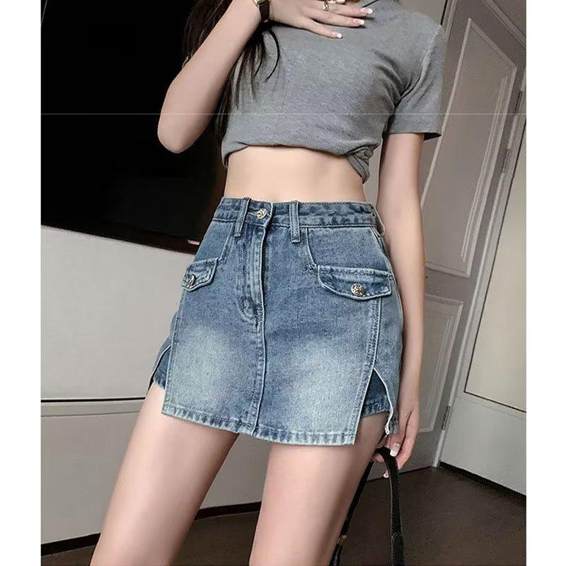 

Мини-юбка из денима с разрезом и высокой посадкой - Летний облегающий дизайн для женщин M