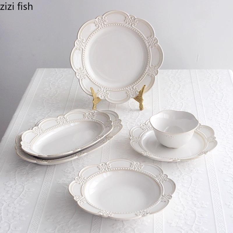 Palace Style Retro Ceramic Plate Relief Steak Plate Thick Soup Plate Fish Dish Dessert Sushi Plates Molecular Cuisine Tableware